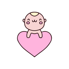 Cute baby mascot character with big love. Illustration for sticker and t shirt.