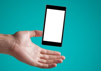The palm of the hand supports the floating smart phone, with  a blank screen