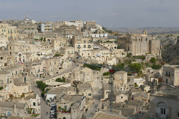 Fototapeta premium panorama on the white sandstone old town from the balcony in front of the Cathedral of Matera 