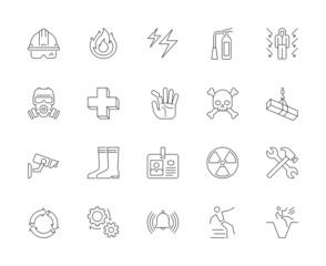 A set of line icons, warning, caution, safety, industry, factory, icons, vector illustration.