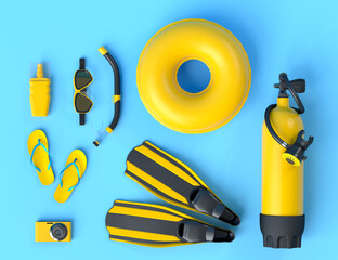 Colorful scuba stuff and beach accessories like umbrellaand sunscreen on blue