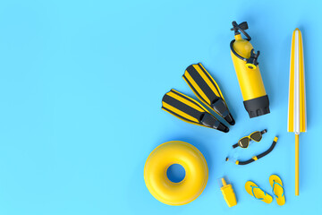 Colorful scuba stuff and beach accessories like umbrellaand sunscreen on blue