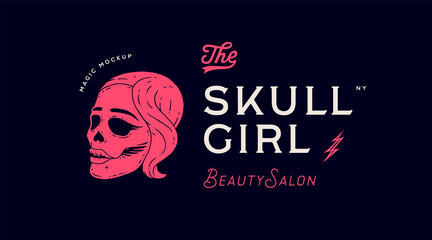 Skull girl. Poster of vintage skull woman, hipster label, portrait girl. Retro old school illustration with text Skull Girl, beauty salon for print, tattoo, fashion theme. Vector Illustration