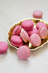 Pink French Macarons on Gold Plate, Valentine's Day Dessert, Fancy Dessert