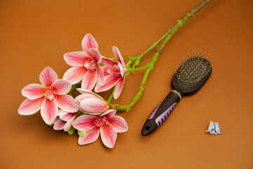 Massage comb for combing women's hair. Plastic brush with metal corners for detangling hair. A bouquet of lily flowers. on the background. Close-up.