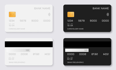 Black and White Mock Up of Debit Bank Card. Plastic Credit or Debit Card with Golden Chip Mockup. Two Sides of Plastic Credit Bank Card Template. E-commerce Concept. Isolated Vector Illustration