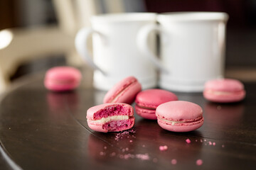 Pink French Macarons on Table, White Coffee Cups, Bite, Valentines Date, At Home Valentines Date, Valentine's Day Dessert, Fancy Dessert