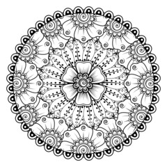 Circular pattern in form of mandala for Henna, Mehndi, tattoo, decoration. Decorative ornament in ethnic oriental style. Coloring book page.