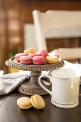 Colorful Pink and Yellow French Macarons on Wood Dessert Stand, Fancy Dessert, Dessert Display, White Coffee Cups