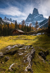 The Hute and the Crozzon di Brenta in the majestic Dolomites, Adamello Brenta Natural Park, Trentino, Italy.