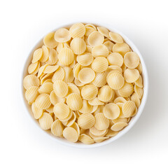 Uncooked orecchiette pasta in white bowl isolated on white background with clipping path