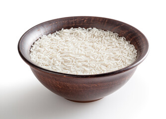 Uncooked jasmine rice in ceramic bowl isolated on white background with clipping path