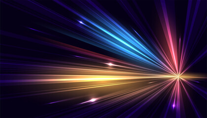 Obraz premium Modern abstract high-speed movement. Dynamic motion light trails on dark blue background. Futuristic, technology pattern for banner or poster design background concept.