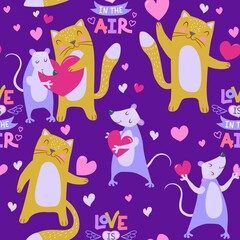 Fototapeta na wymiar Pair of cute animals in love - a cat and a rat. Seamless pattern. The inscription is love in the air. Vector illustration. Textile, wrapping paper with valentines.