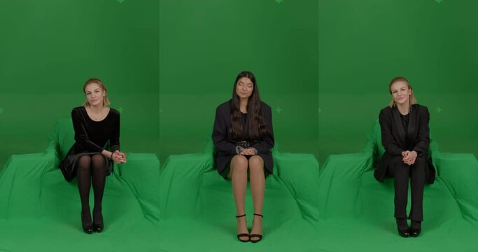 GREEN SCREEN CHROMA KEY Front view of female woman spectators wearing formal attire watching performance on stage. Crowd replication for theater, opera, ballet. Unkeyed chairs to keep shadows