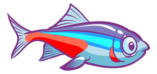 Neon tetra fish. Cartoon freshwater aquarium animal