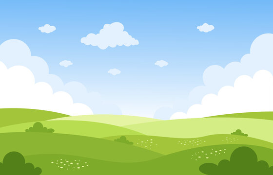 Landscape summer green fields with grass,trees,white cloud and blue sky .vector