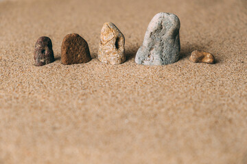 Fototapeta na wymiar Five different stones on the sea sand.