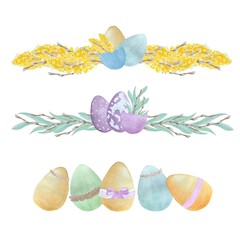 Fototapeta na wymiar Decorative compositions of watercolor illustrations on the theme of Easter, elements for postcards