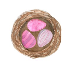 Easter watercolor illustrations, a nest with painted pink eggs