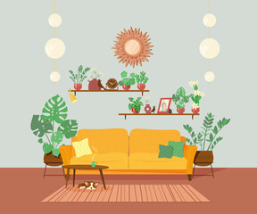 Cozy place in the house. The interior of the living room, winter garden, greenhouse. Set of vector furniture and flowers. In the style of a flat plane.