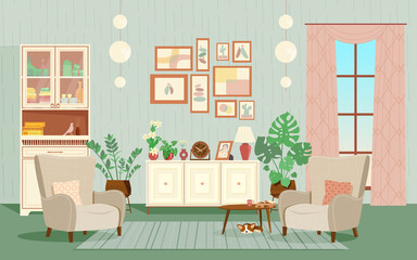 Living room interior. A cozy place to read, relax or reflect. Set of vector furniture and flowers. Flat style. Graphic design template.