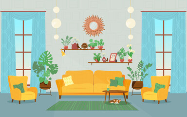Set of vector furniture. Living room interior. A large room with panoramic windows, a yellow sofa and armchairs, houseplants, a table and a dog. 