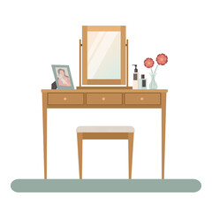 Bedroom interior. Dressing table. Vector image in flat plane style.