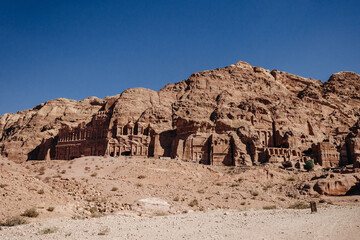 Facades in the rock in the ancient city of Petra. Hashemite Kingdom of Jordan. Jordan. Petra