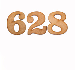 Number 628 in wood, isolated on white background