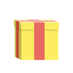 Gift box in yellow with red ribbon. Festive packaging.
