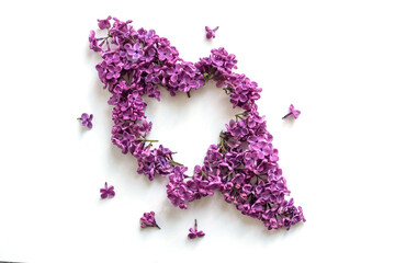 Purple lilac flowers in the shape of a heart, on a light background, the concept of love