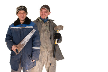 Two bad unskilled builder workers in bad dirty tattered uniform with bad tools. Concept of...