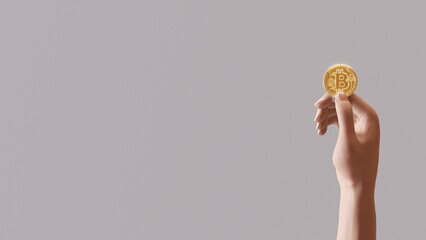 Human Holding Bitcoin on White BackgroundA person holding Bitcoin on a white background can add visuals and texts on the left.