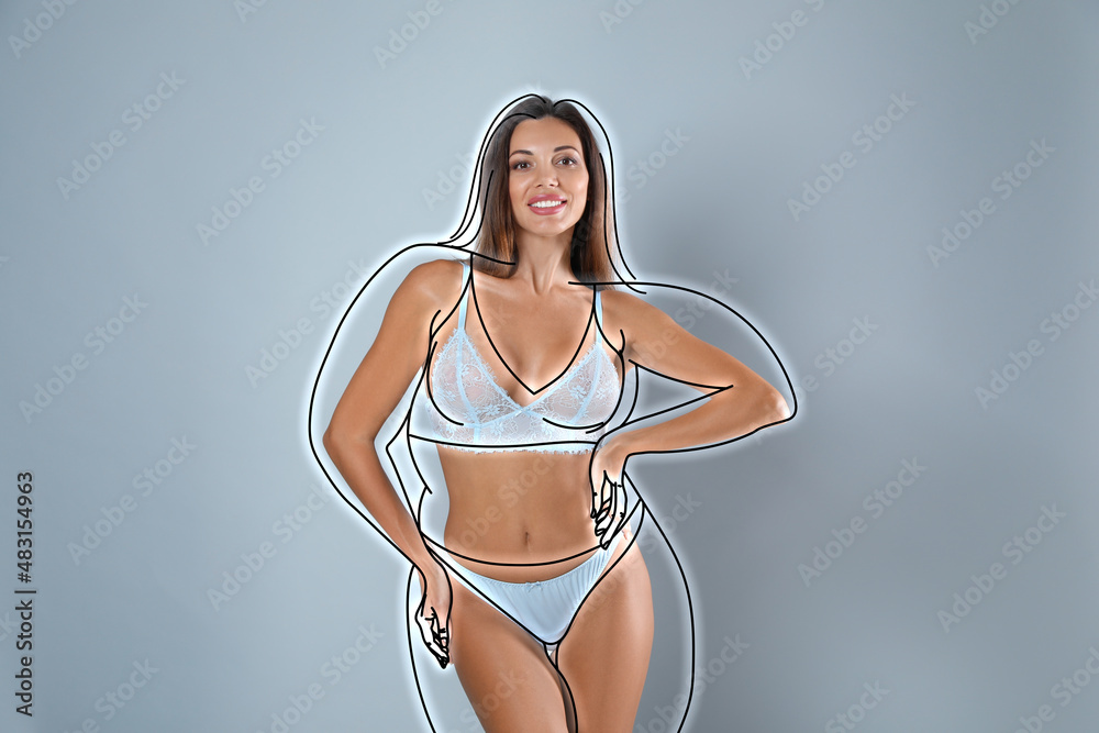 Canvas Prints Beautiful slim woman after weight loss on light grey background