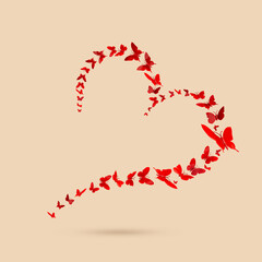 Flying butterflies forming heart shape on pastel beige background. Minimal Valentines Day, wedding or Mother's day concept. Creative love romantic emotion composition.