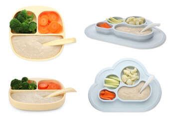 Set with healthy baby food in different dishes on white background