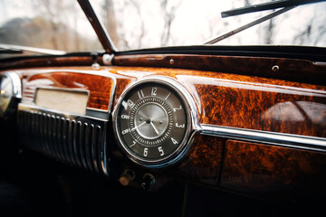 Vintage car brown marble dashboard with retro gauges