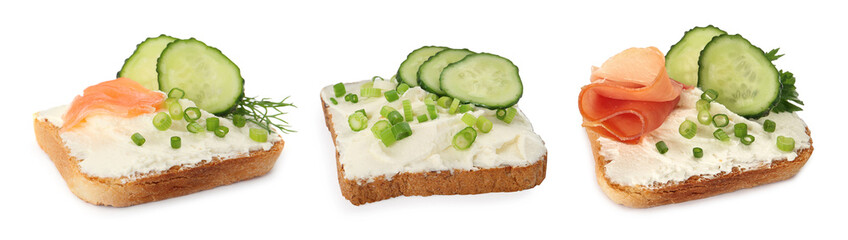 Toasted bread with tasty cream cheese, salmon, prosciutto and cucumber on white background, collage. Banner design