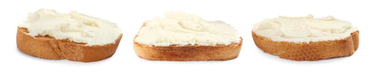 Toasted bread with tasty cream cheese on white background, collage. Banner design