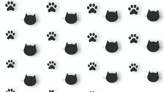 Colorful pattern of black cat heads and paws on white background with shadows. Seamless pattern with cat paw and faces. Animal silhouette. 4K video motion