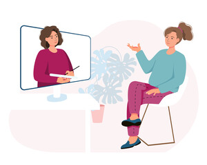 A woman visits an online psychologist's office. The patient sits on a chair and talks to a psychiatrist. Vector illustration for therapy session, psychotherapeutic counseling concept