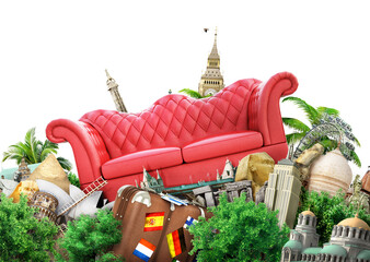Concept of travel. The most  popular attractions of the world with  trees and other travel goods and sofa isolated on a white background. Concept of recreation. 3d illustration.