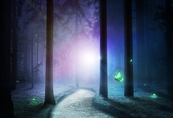Unusual light in the middle of a fantasy night forest. 3d illustration.