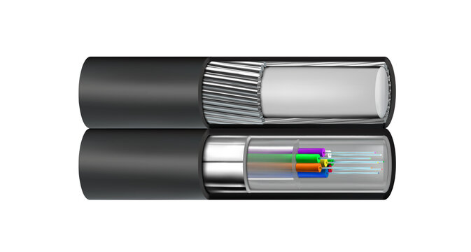 Longitudinal section of a suspended fiber optic cable on a white background. Vector illustration