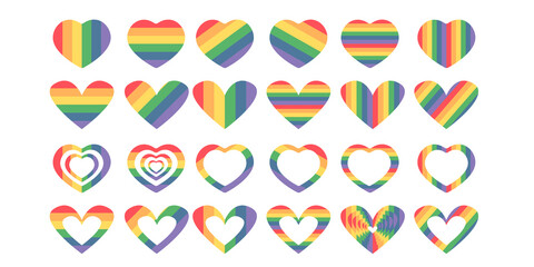 Pride flag heart shape icon set isolated on white background. Pride month or pride day parade icon collection