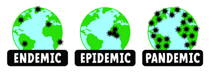 pandemic, epidemic to endemic with cartoon arrow. Corona virus, coronavirus. Covid icon or logo. In infectious diseases, a disease is called endemic when a disease continues to occur in a certain area