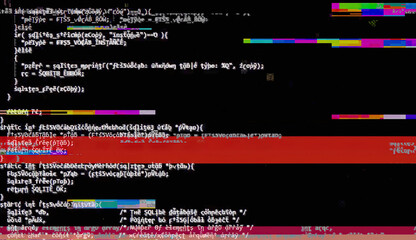 Obfuscated source code on a screen, with a nasty digital glitch distortion (colored bands).
