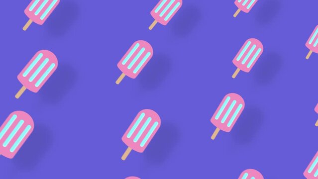 Colorful pattern of popsicles on violet background with shadows. Seamless pattern with ice cream. Top view. Summer concept. 4K video motion