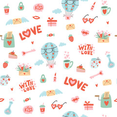 Seamless pattern for Valentine's Day with heart and other elements on a white background. Valentine's day, wedding and love concept. Vector illustrations